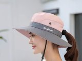 Sun Hat, Safari Wide Brim Foldable with Ponytail Hole Pink